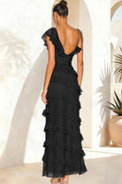 Iverie | Black Sheath V Neck Lace Long Prom Dresses With Ruffles - KissProm