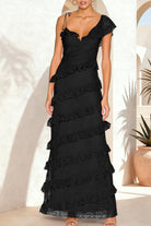 Iverie | Black Sheath V Neck Lace Long Prom Dresses With Ruffles - KissProm