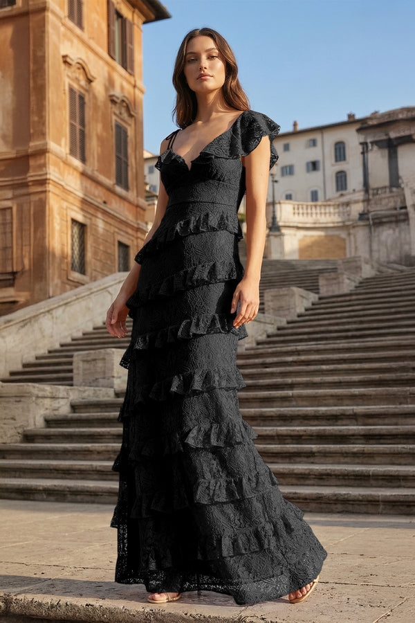 KissProm-Black Sheath V Neck Lace Long Prom Dresses With Ruffles