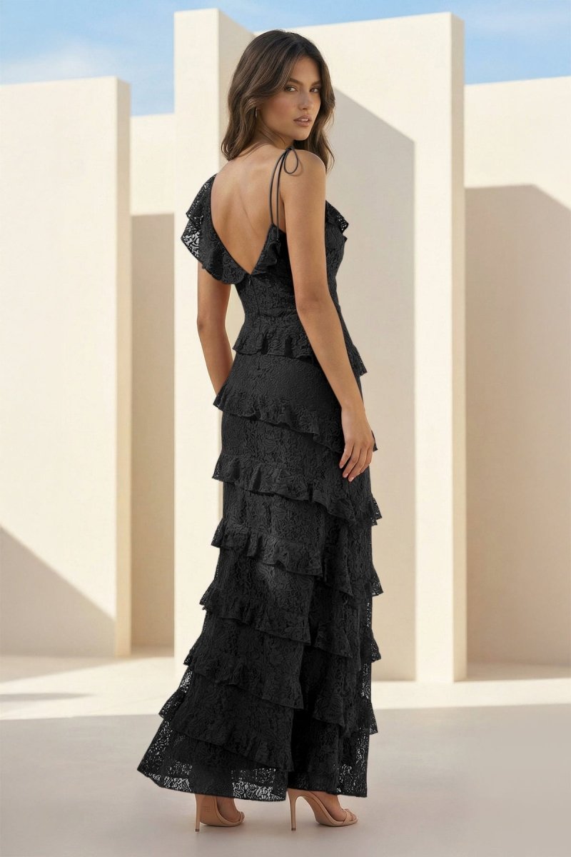 Iverie | Black Sheath V Neck Lace Long Prom Dresses With Ruffles - KissProm