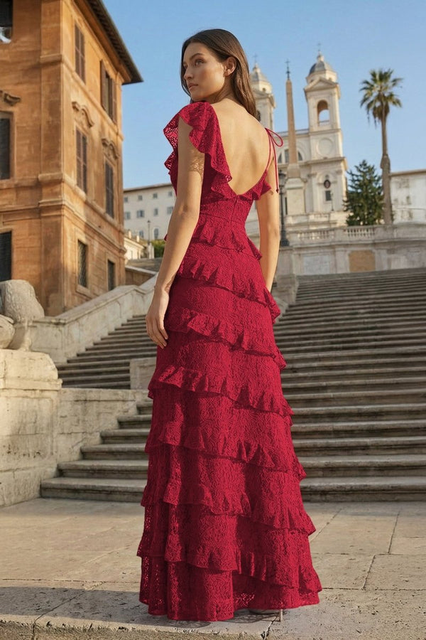 Red Sheath V Neck Lace Long Prom Dresses With Ruffles - KissProm