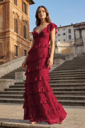 KissProm-Burgundy Sheath V Neck Lace Long Prom Dresses With Ruffles