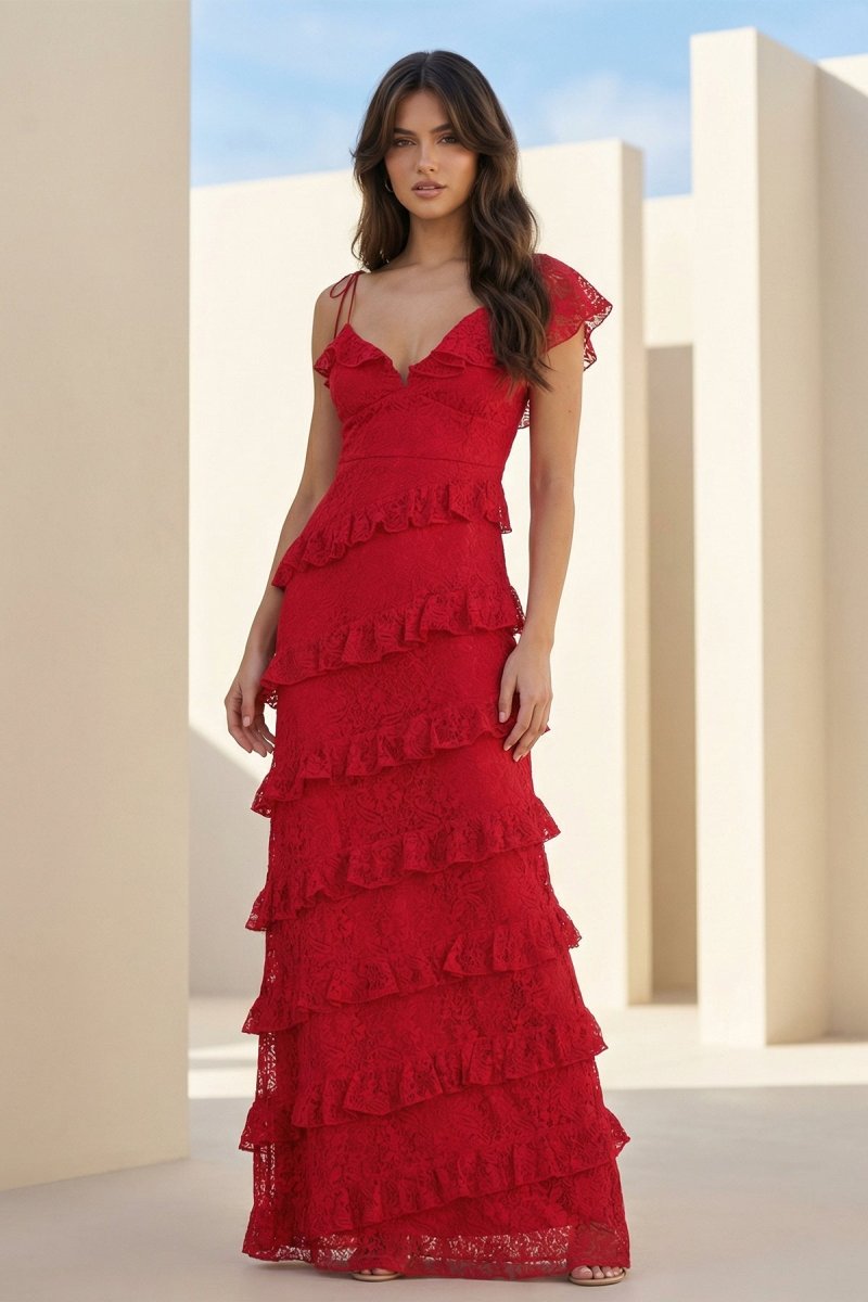 Iverie | Burgundy - Sheath V Neck Lace Long Prom Dresses With Ruffles - KissProm