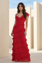 Iverie | Burgundy - Sheath V Neck Lace Long Prom Dresses With Ruffles - KissProm