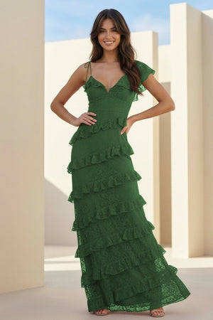 Iverie | Green Sheath V Neck Lace Long Prom Dresses With Ruffles - KissProm