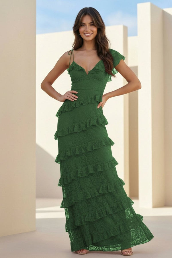 Iverie | Green Sheath V Neck Lace Long Prom Dresses With Ruffles - KissProm