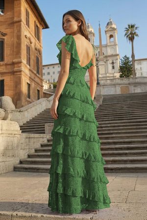 KissProm-Green Sheath V Neck Lace Long Prom Dresses With Ruffles