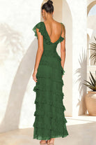 Iverie | Green Sheath V Neck Lace Long Prom Dresses With Ruffles - KissProm