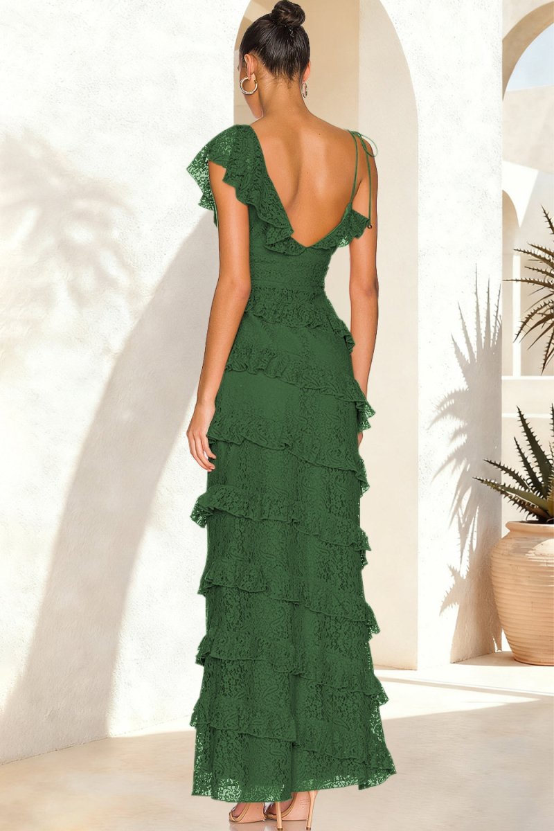 Iverie | Green Sheath V Neck Lace Long Prom Dresses With Ruffles - KissProm