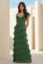 Iverie | Green Sheath V Neck Lace Long Prom Dresses With Ruffles - KissProm