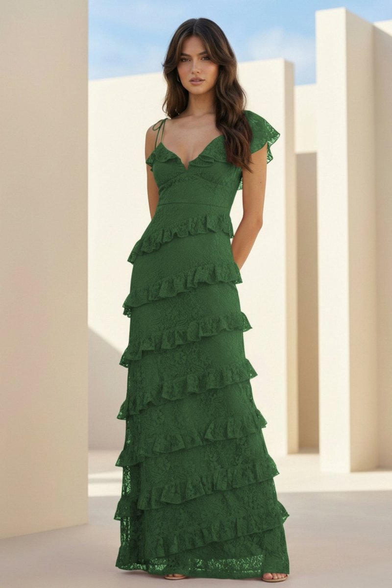 Iverie | Green Sheath V Neck Lace Long Prom Dresses With Ruffles - KissProm