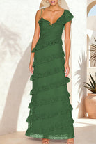 Iverie | Green Sheath V Neck Lace Long Prom Dresses With Ruffles - KissProm