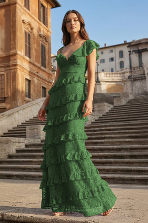 KissProm-Green Sheath V Neck Lace Long Prom Dresses With Ruffles