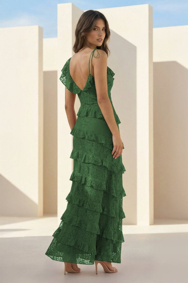 Iverie | Green Sheath V Neck Lace Long Prom Dresses With Ruffles - KissProm