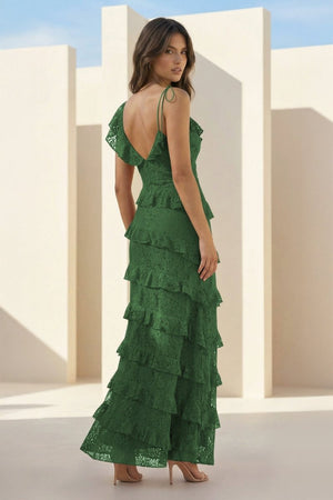 Red Sheath V Neck Lace Long Prom Dresses With Ruffles - KissProm
