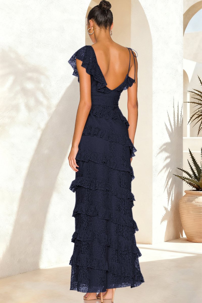 Iverie | Navy Blue Sheath V Neck Lace Long Prom Dresses With Ruffles - KissProm
