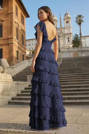 KissProm-Navy Blue Sheath V Neck Lace Long Prom Dresses With Ruffles