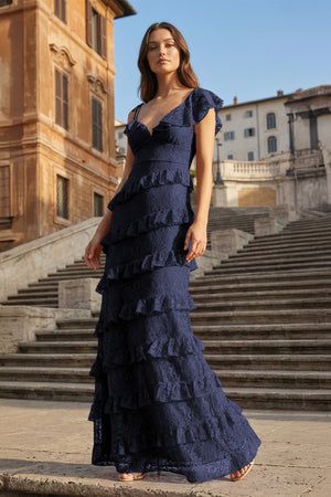 KissProm-Navy Blue Sheath V Neck Lace Long Prom Dresses With Ruffles