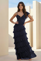 Iverie | Navy Blue Sheath V Neck Lace Long Prom Dresses With Ruffles - KissProm