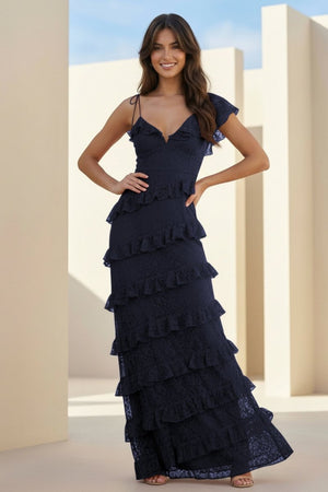 Iverie | Navy Blue Sheath V Neck Lace Long Prom Dresses With Ruffles - KissProm