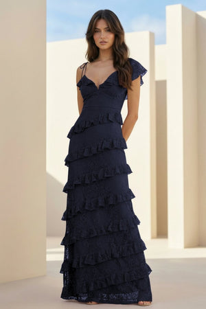 Iverie | Navy Blue Sheath V Neck Lace Long Prom Dresses With Ruffles - KissProm