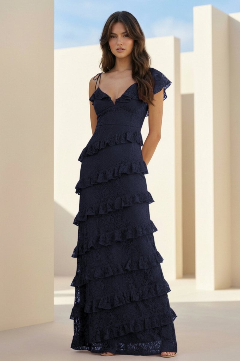 Iverie | Navy Blue Sheath V Neck Lace Long Prom Dresses With Ruffles - KissProm