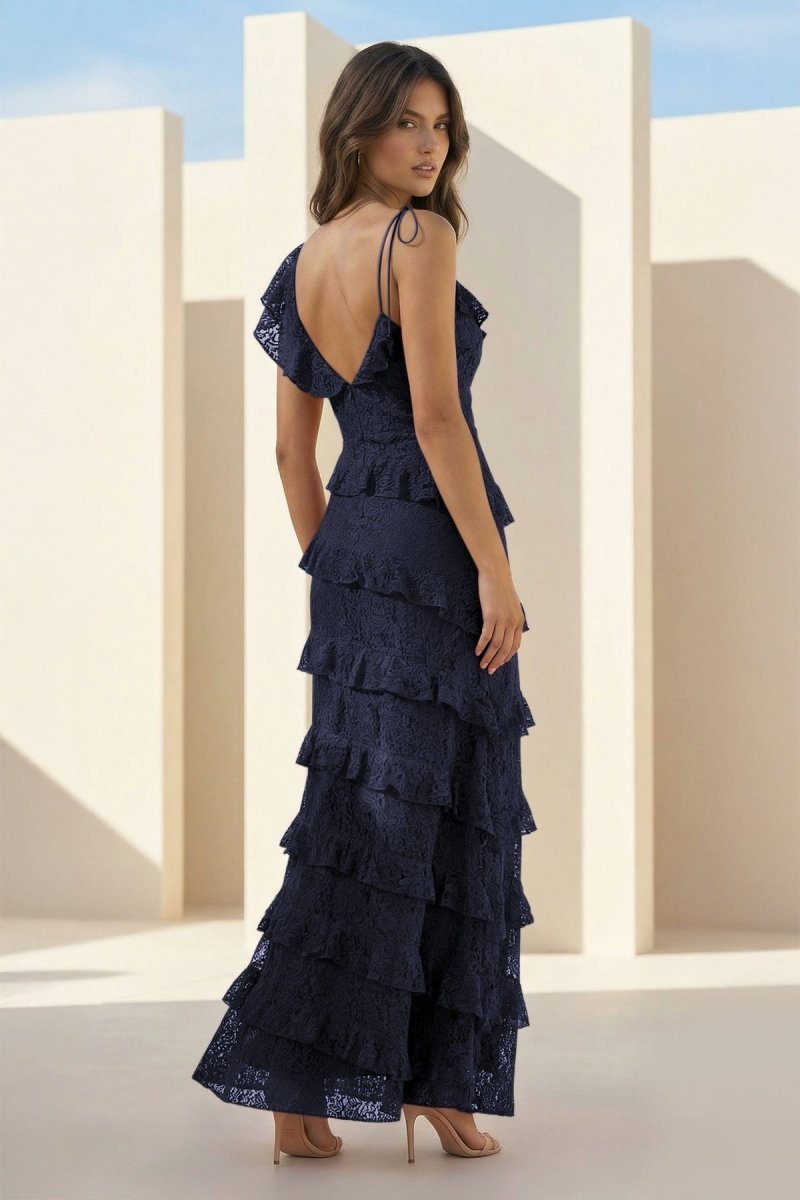 Iverie | Navy Blue Sheath V Neck Lace Long Prom Dresses With Ruffles - KissProm