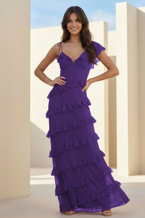 Iverie | Purple Sheath V Neck Lace Long Prom Dresses With Ruffles - KissProm
