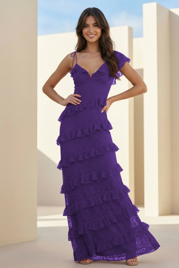 Red Sheath V Neck Lace Long Prom Dresses With Ruffles - KissProm