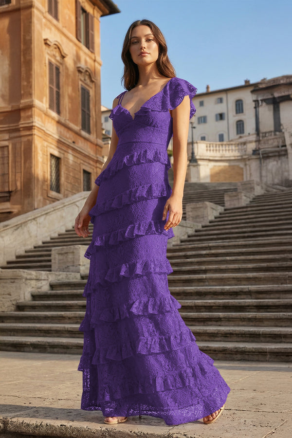 KissProm-Purple Sheath V Neck Lace Long Prom Dresses With Ruffles