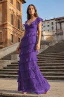 Red Sheath V Neck Lace Long Prom Dresses With Ruffles - KissProm