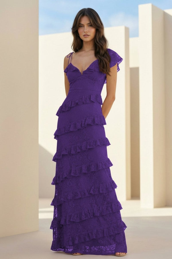 Red Sheath V Neck Lace Long Prom Dresses With Ruffles - KissProm