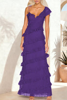 Iverie | Purple Sheath V Neck Lace Long Prom Dresses With Ruffles - KissProm