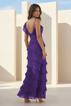 Iverie | Purple Sheath V Neck Lace Long Prom Dresses With Ruffles - KissProm