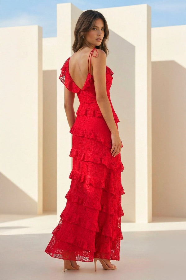 Red Sheath V Neck Lace Long Prom Dresses With Ruffles - KissProm
