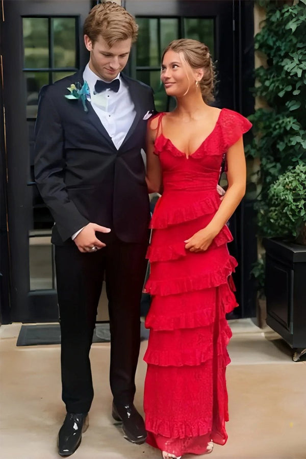 Iverie | Red - Sheath V Neck Lace Long Prom Dresses With Ruffles - KissProm