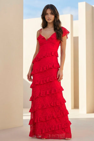 Red Sheath V Neck Lace Long Prom Dresses With Ruffles - KissProm