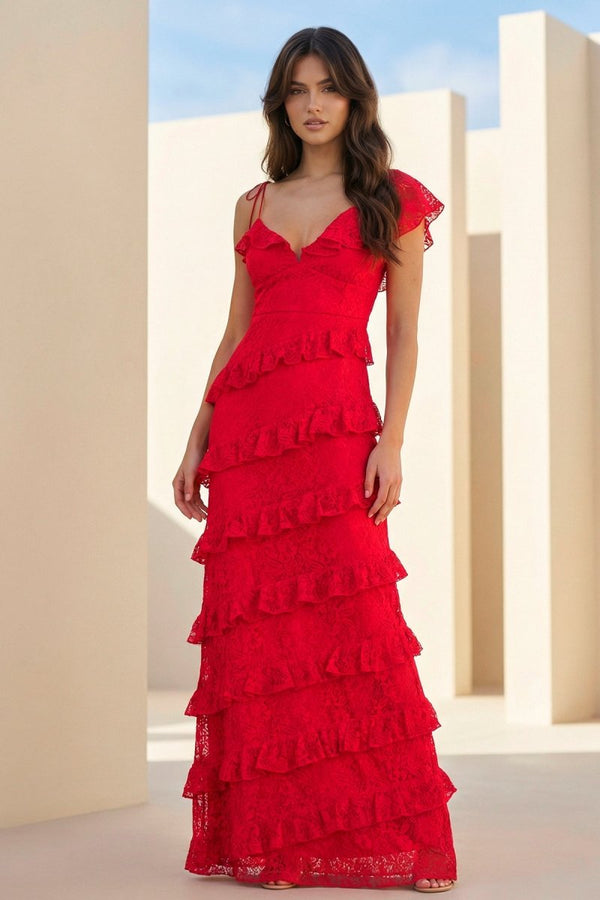 Red Sheath V Neck Lace Long Prom Dresses With Ruffles - KissProm