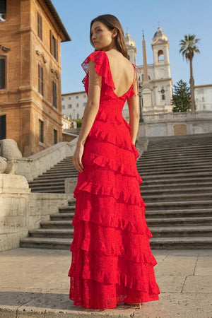 KissProm-Red Sheath V Neck Lace Long Prom Dresses With Ruffles