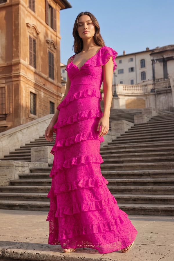 Red Sheath V Neck Lace Long Prom Dresses With Ruffles - KissProm