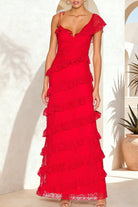 Iverie | Red - Sheath V Neck Lace Long Prom Dresses With Ruffles - KissProm