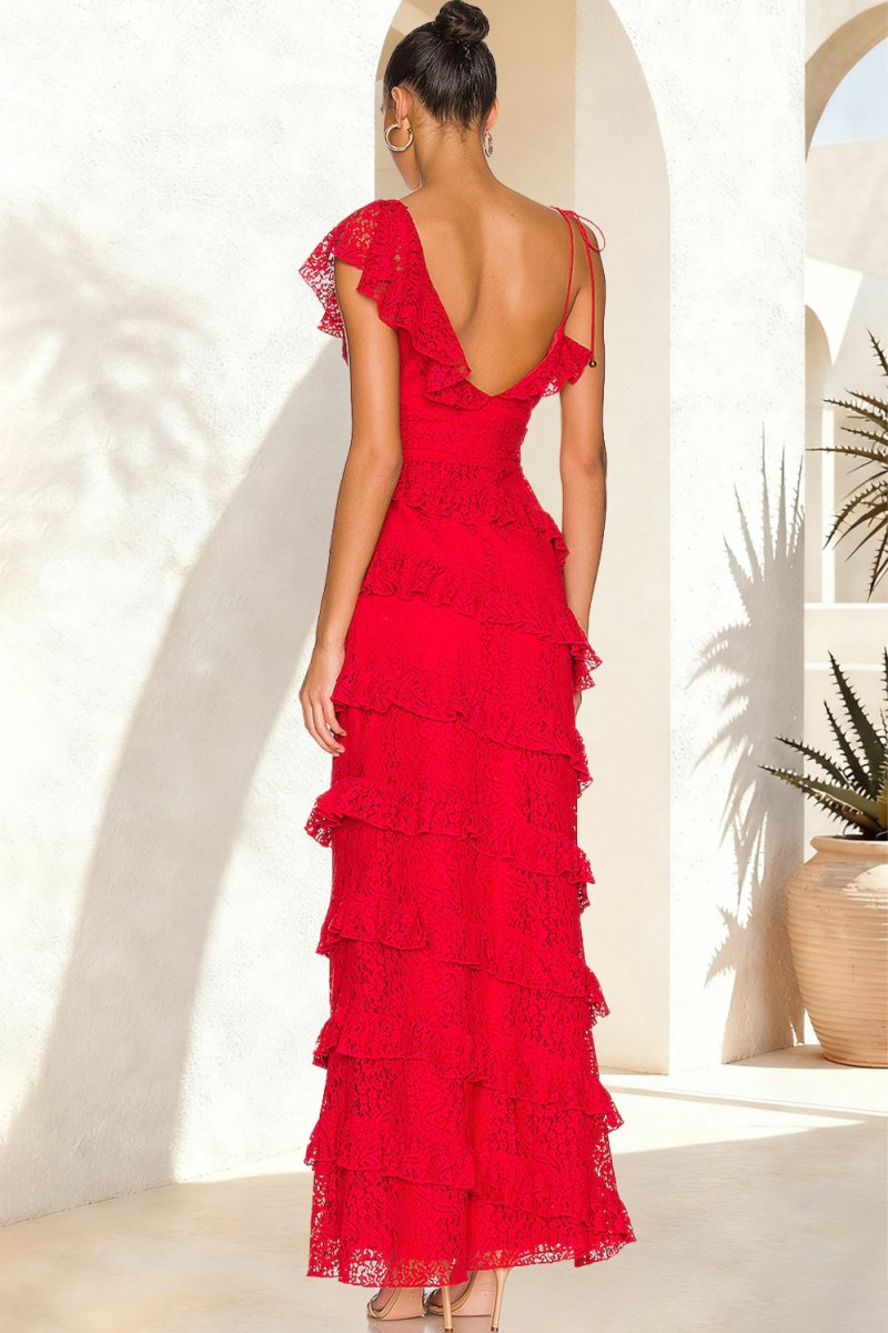 Iverie | Red - Sheath V Neck Lace Long Prom Dresses With Ruffles - KissProm