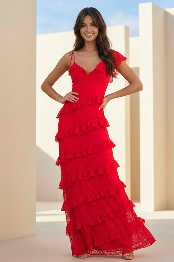 Red Sheath V Neck Lace Long Prom Dresses With Ruffles - KissProm