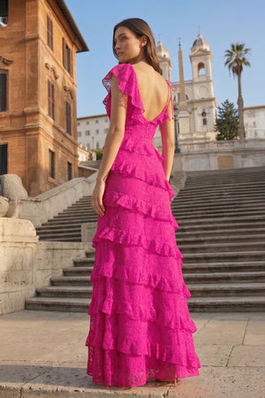 Red Sheath V Neck Lace Long Prom Dresses With Ruffles - KissProm