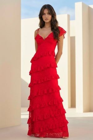 Red Sheath V Neck Lace Long Prom Dresses With Ruffles - KissProm