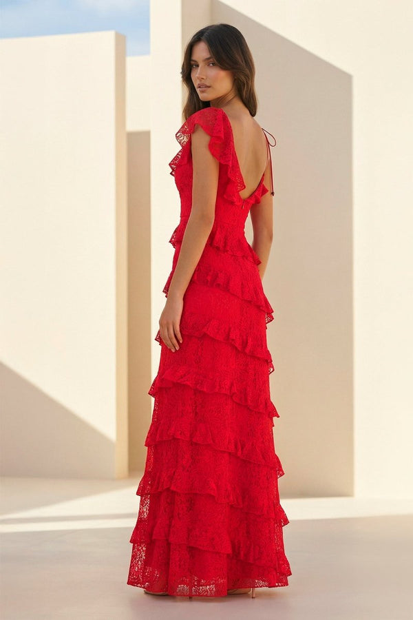 Red Sheath V Neck Lace Long Prom Dresses With Ruffles - KissProm