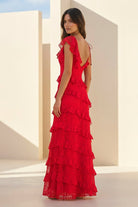 Iverie | Red - Sheath V Neck Lace Long Prom Dresses With Ruffles - KissProm