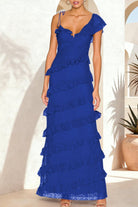 Iverie | Royal Blue Sheath V Neck Lace Long Prom Dresses With Ruffles - KissProm