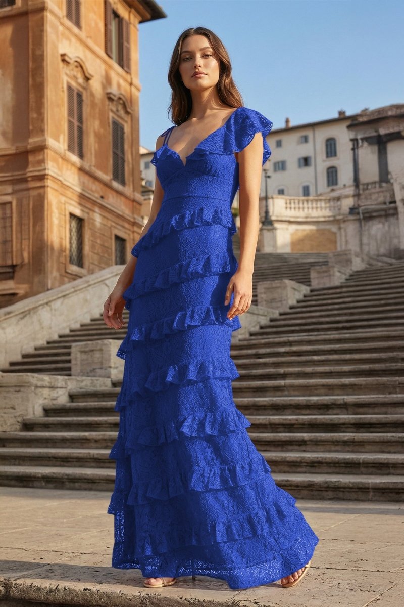 Royal Blue Sheath V Neck Lace Long Prom Dresses With Ruffles - KissProm