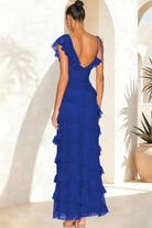 Iverie | Royal Blue Sheath V Neck Lace Long Prom Dresses With Ruffles - KissProm